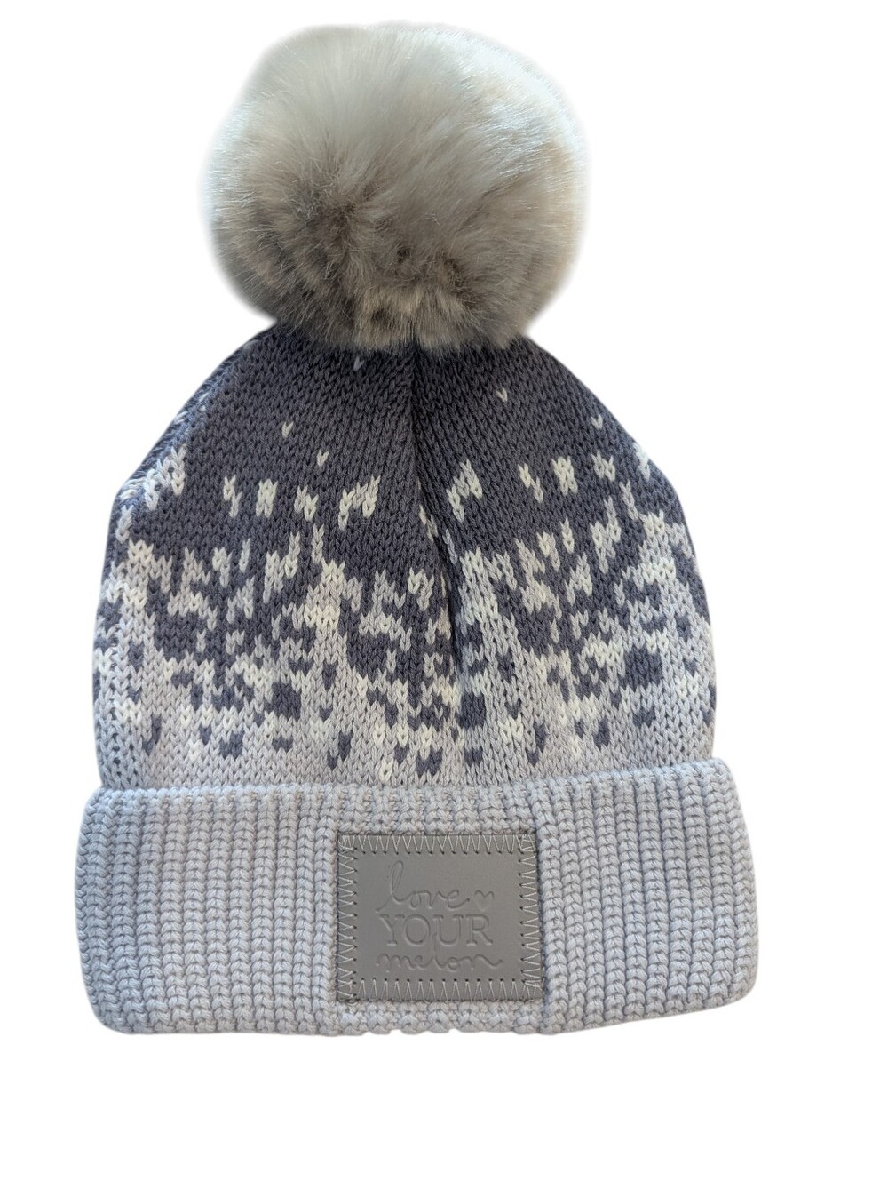 LOVE YOUR MELON Gray/White Pom Beanie with Faux Fur Pom
